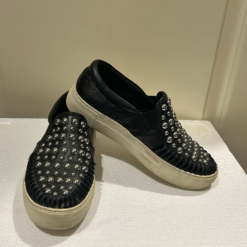 J/SLIDES bling leather silver tone studs slip on shoe sneakers women size 6.5
